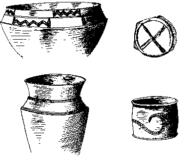 Reconstructions of some of the pottery and an cross image found on the base of some of the pots