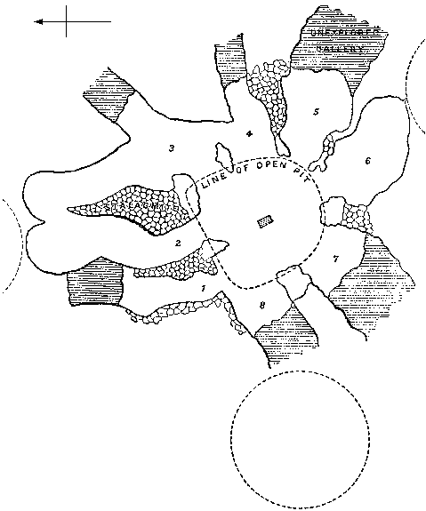 Plan of a single mine shaft and associated mining galleries